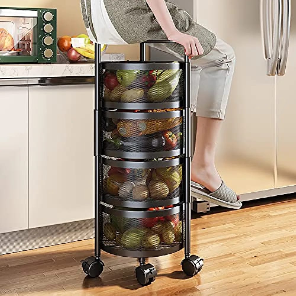 Multi- Layer Kitchen Storage Rotatable Rack, Round Basket Shelf Rack, Kitchen Fruit Vegetable Storage Organizer Cart with Wheels Multi- Layer Kitchen Storage Rotatable Rack, Round Basket Shelf Rack, Kitchen Fruit Vegetable Storage Organizer Cart with Wheels