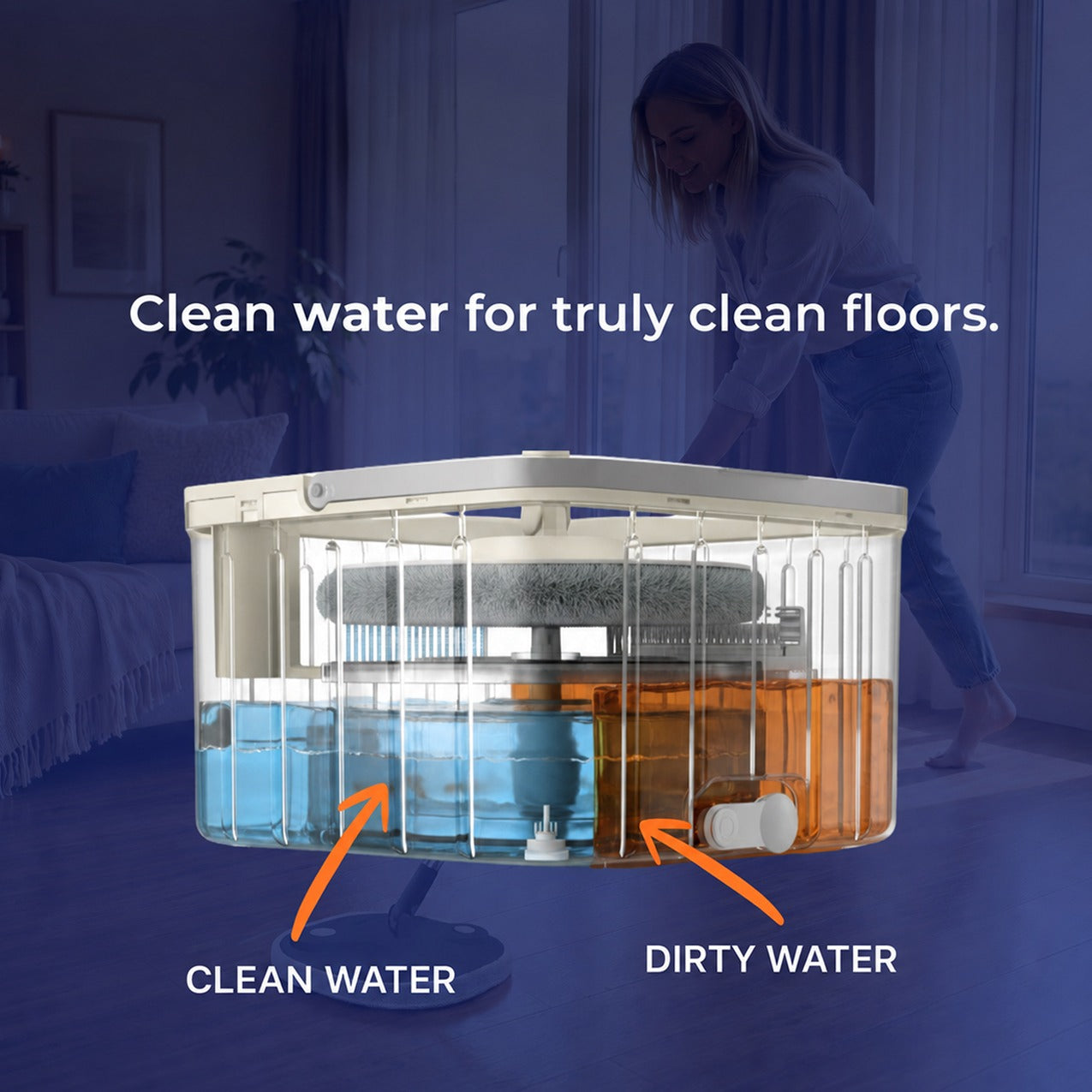 Spin Mop Bucket Set with water separation system in a room setting.