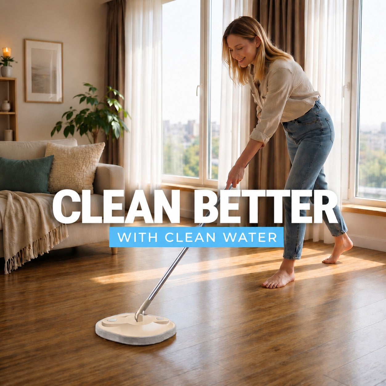 Woman cleaning a wooden floor with a Spin Mop Bucket Set  in a bright living room.