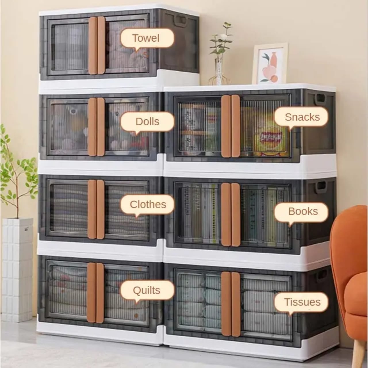Stackable Storage Bins Organized with Different Items.