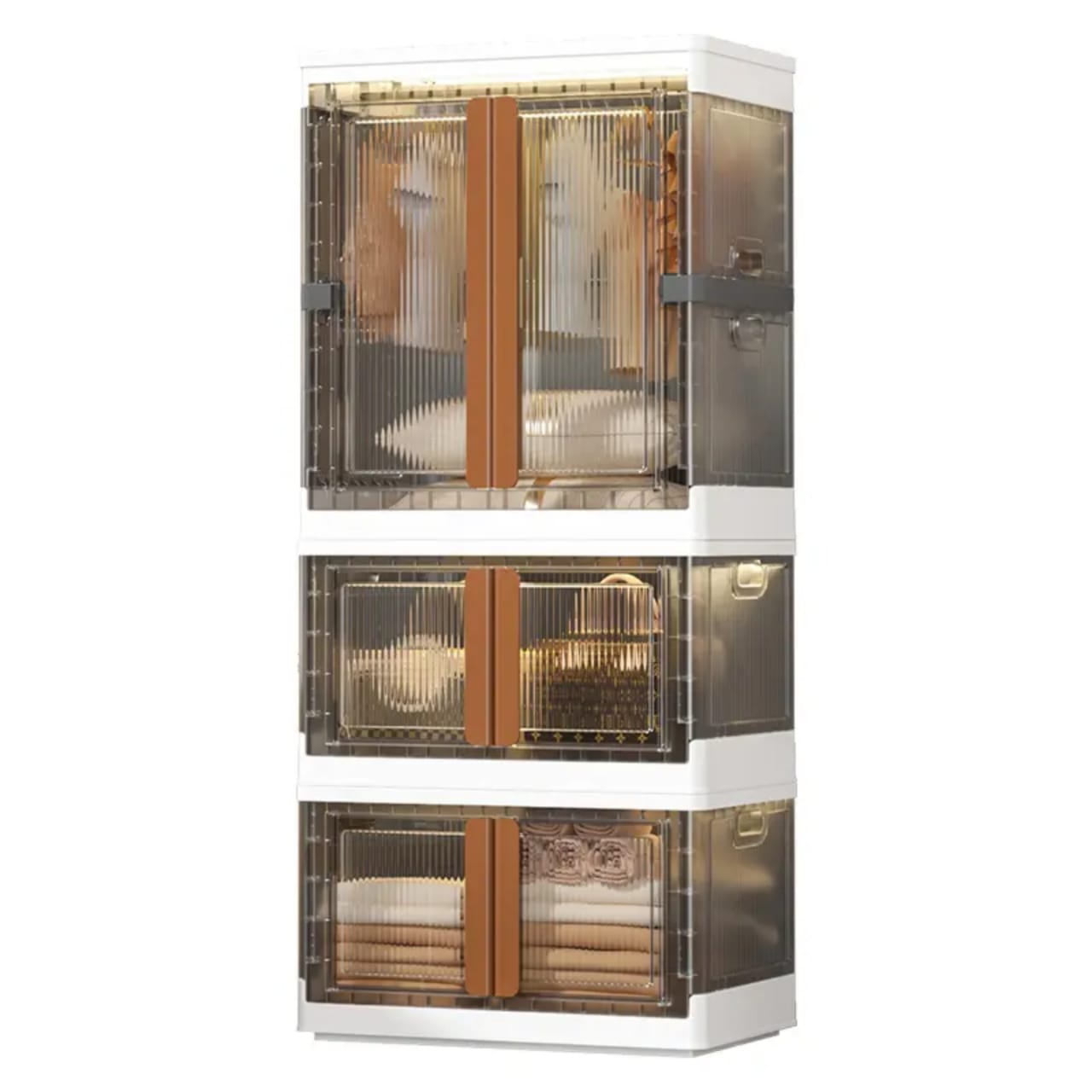 Stackable Storage Bins Organized with Clothes.