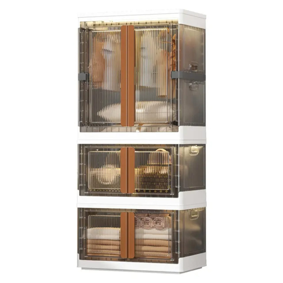 Stackable Storage Bins Organized with Clothes.