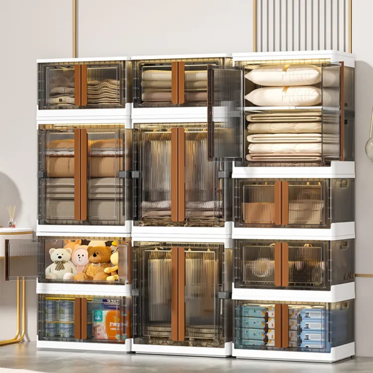 Clothes and Other Home Essentials are Organized in a Stackable Storage Bins
