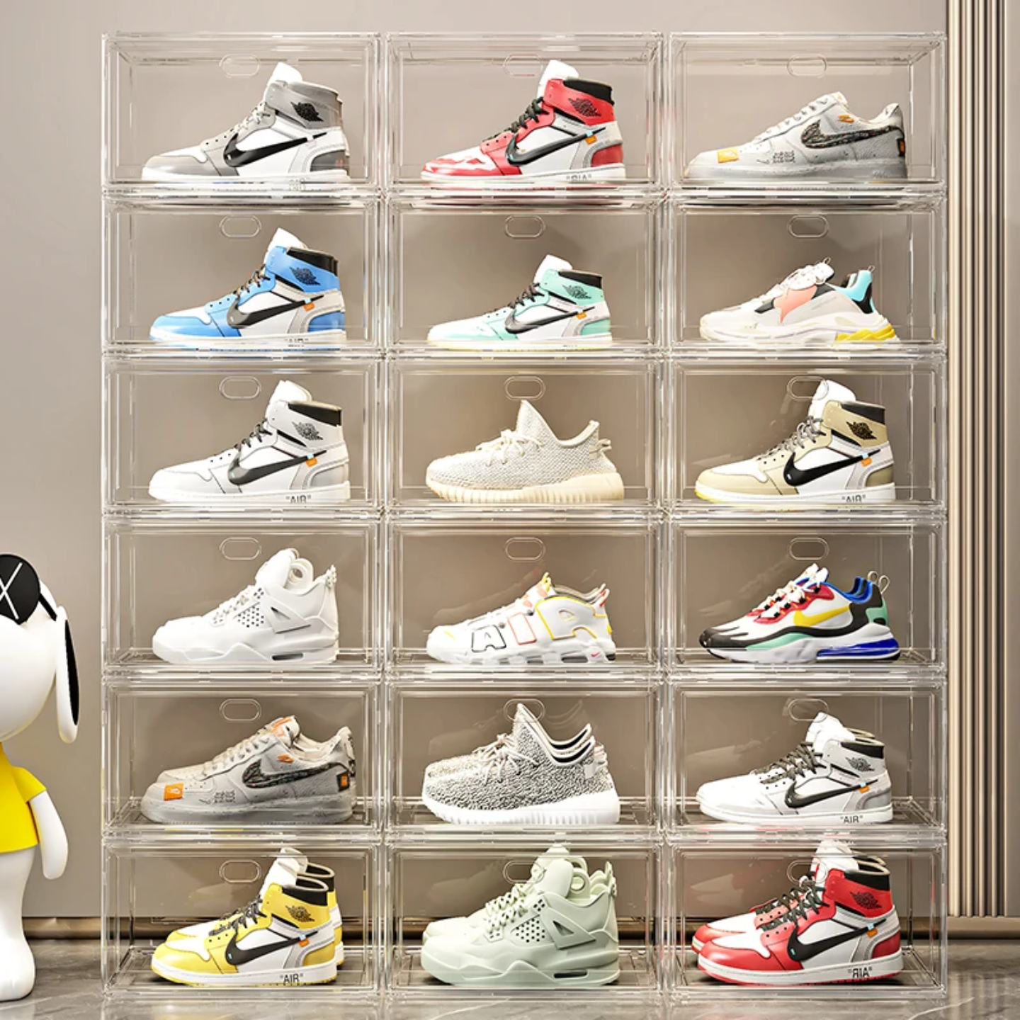 Shoes are Organized at Stackable Transparent Shoe Box Organizer.