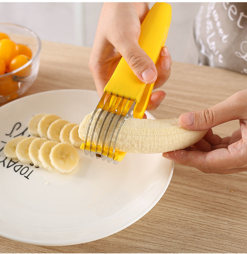 Someone using a Stainless Steel Banana Cutter Slicer