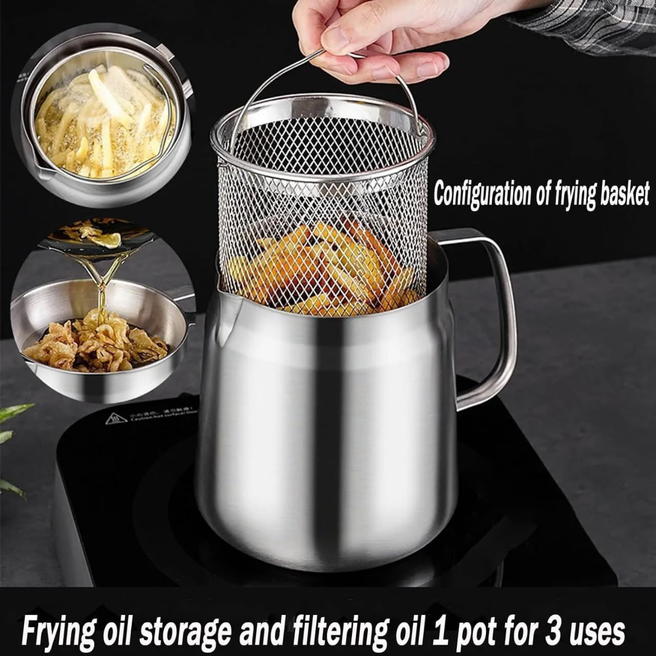 A Person Holding the Strainer of Stainless Steel Oil Strainer Storage Pot