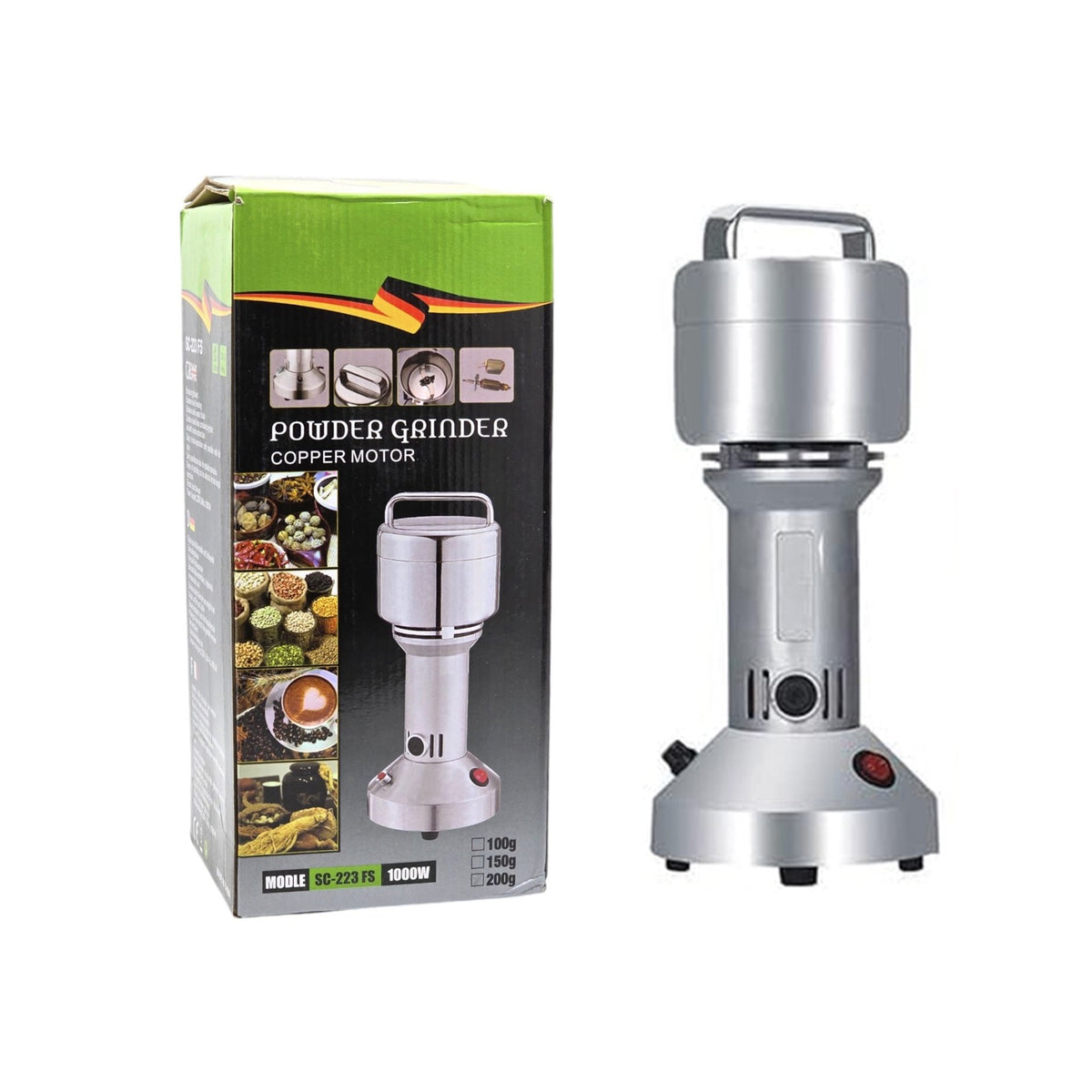 A Stainless Steel Powder Grinder with its Pack.