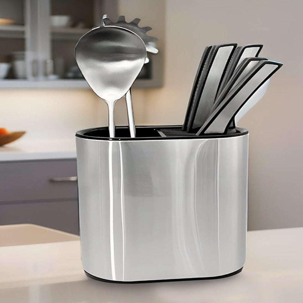 Stainless Steel Sink Storage Rack organized with knives and cutleries are placed on a kitchen countertop.