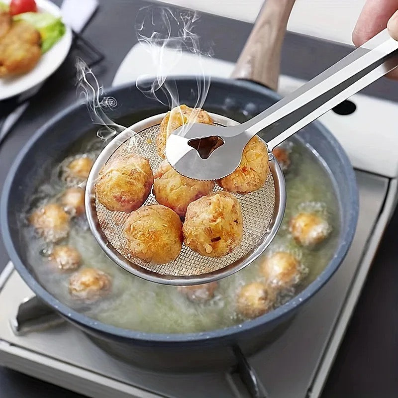 A Person is Frying Snacks Using Stainless Steel Strainer.