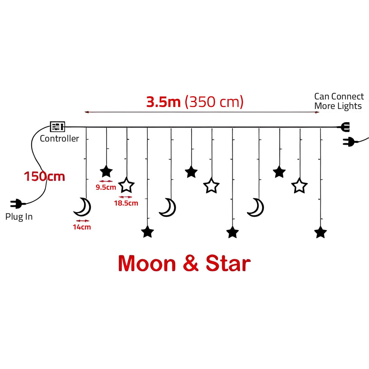 size of 3.5M LED Star and Moon String Lights