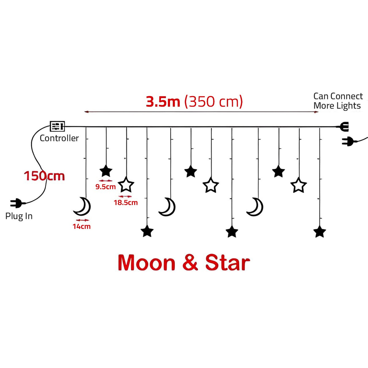 size of 3.5M LED Star and Moon String Lights