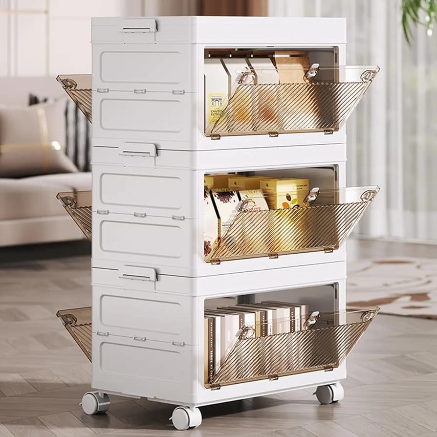 Stackable Racking With Wheels Storage Cabinet Rack with Wheels, 3 Layer Stackable Storage Bin Organi