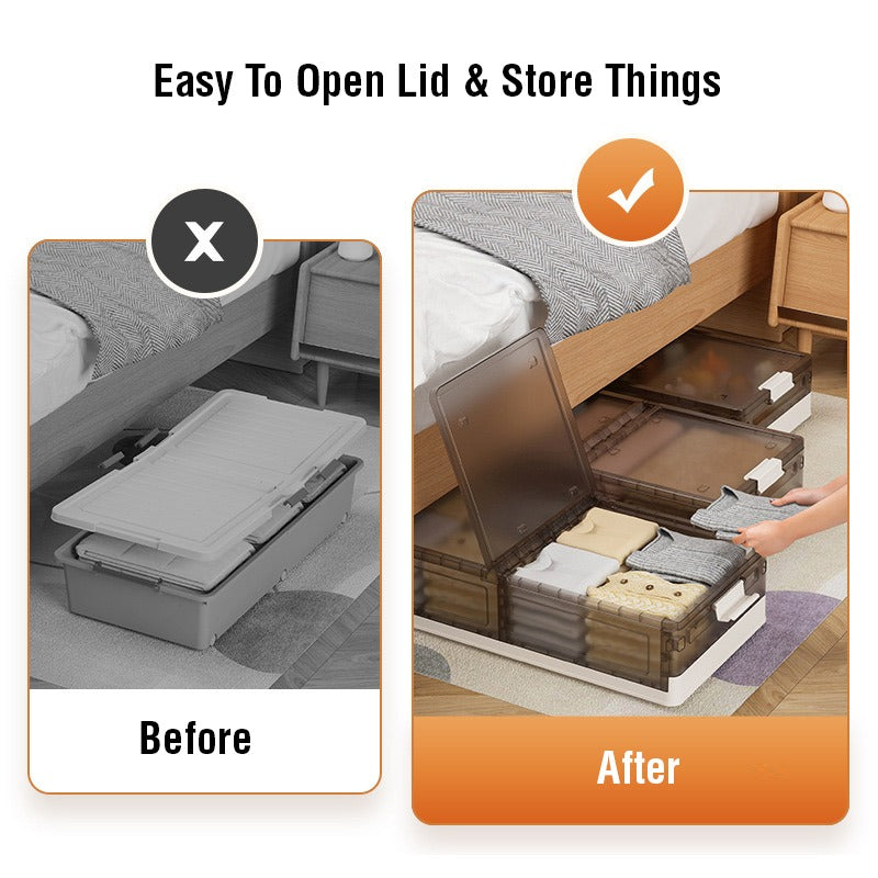 Foldable Under Bed Rolling Storage Organizer Container Organized With Various Items.