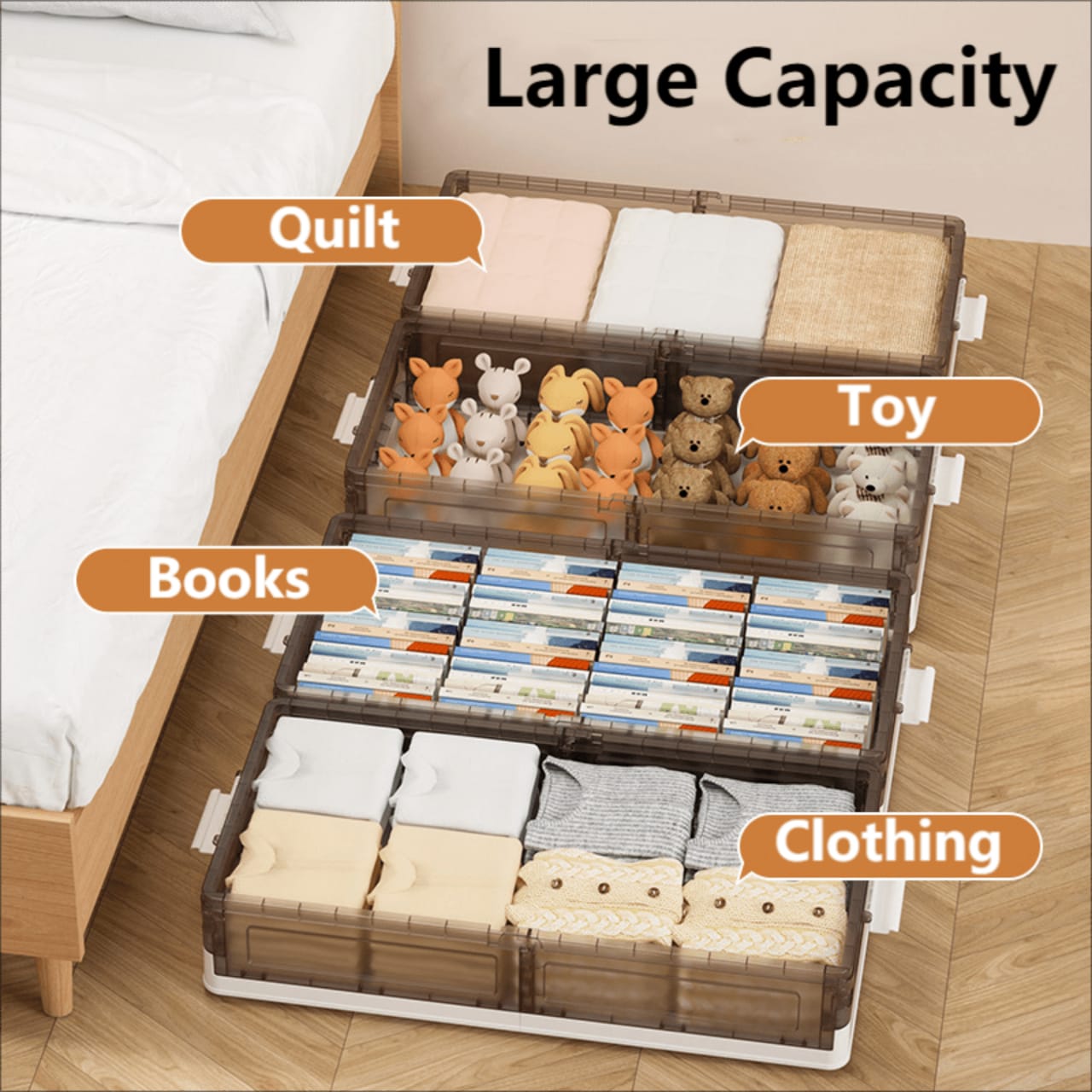 Foldable Under Bed Rolling Storage Organizer Container Organized With Different Items.