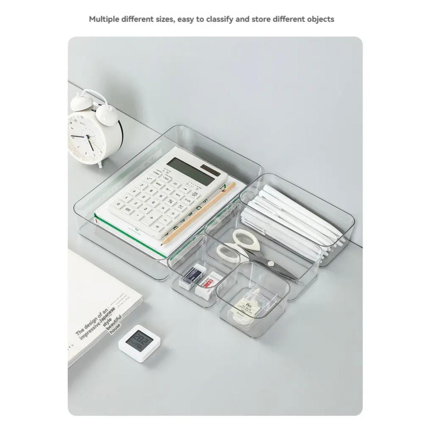 A Storage Organizer Tray is Organized with Office Essentials.