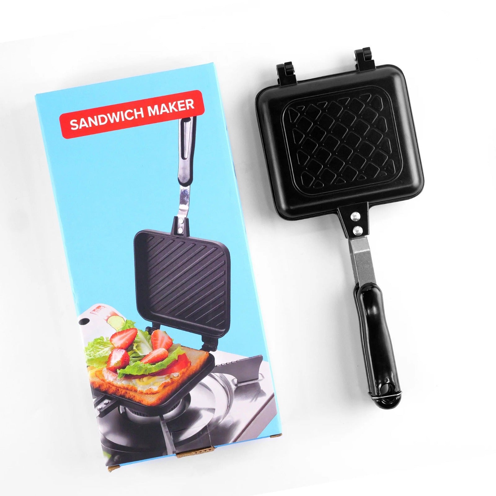 AStovetop Sandwich Maker Grill Pan with its Pack.