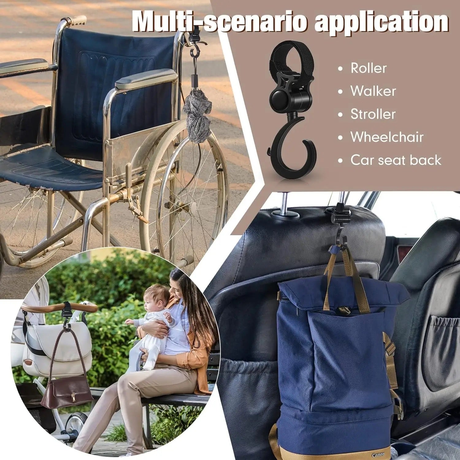 Multi-purpose Hanging Hooks are Kept on the Baby Stroller, Wheel Chair and Car Back Seat