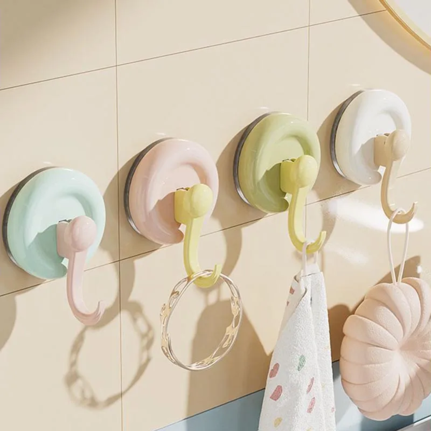 Set of colorful suction cup hooks on a tiled wall.