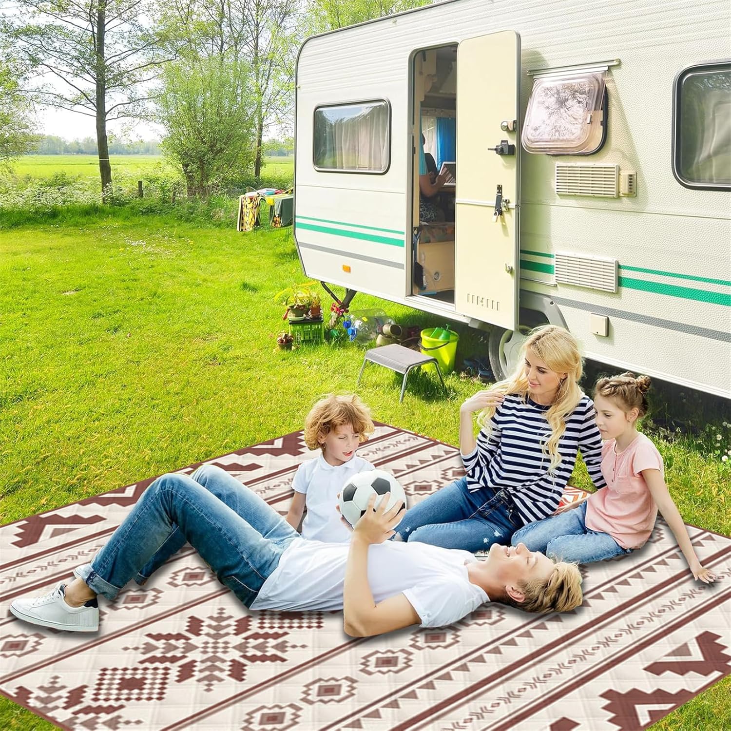 A Family is Resting on Stylish Camping Mat While Camping.