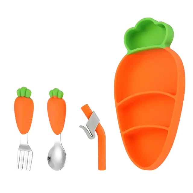 Children Non-Slip Silicone Suction Dinner Plate With Fork and Spoon.