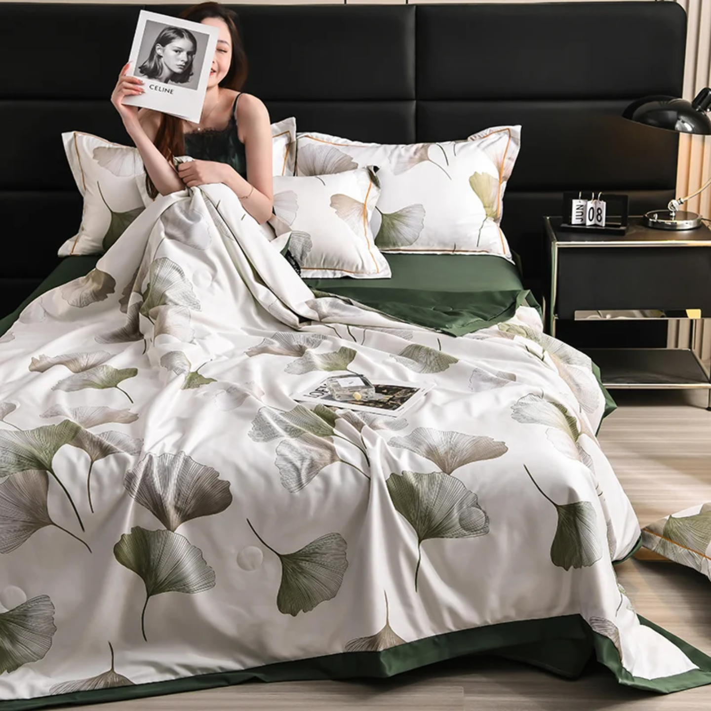 A Woman is Resting on Summer Cooling Comforter Set.