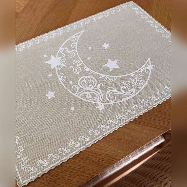 Table Mat Waterproof Dining Placemat with white crescent moon and star pattern on a wooden surface