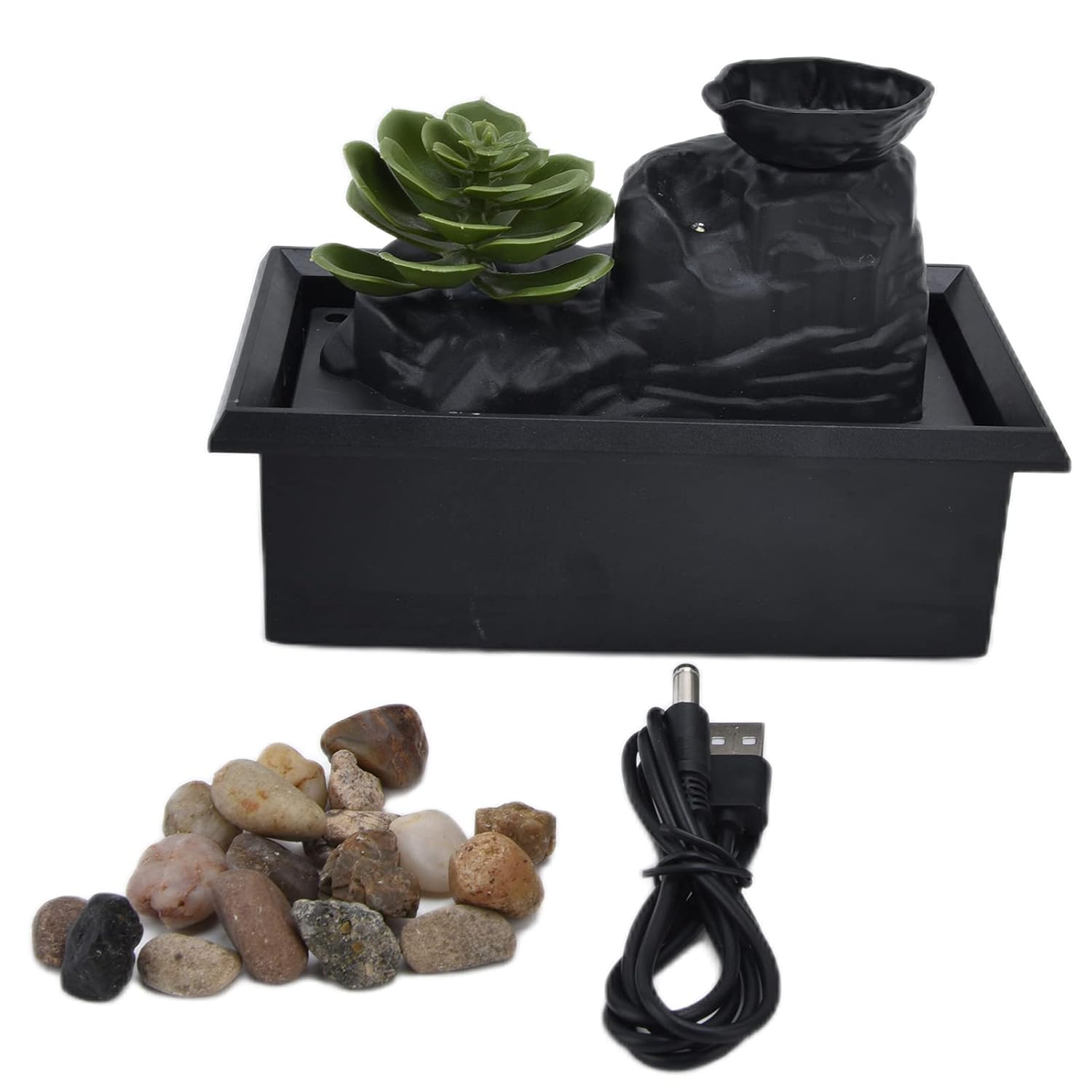 A Tabletop Water Fountain with Stones and its Cable.