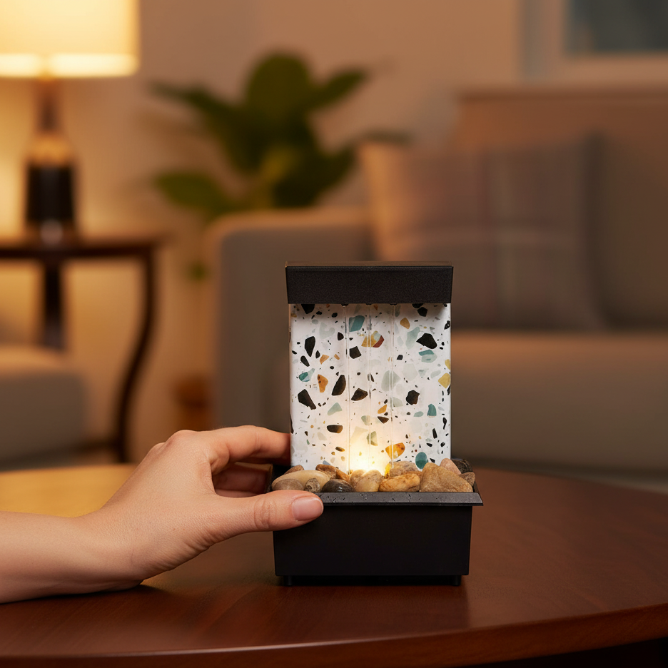 A Person is Operating Tabletop Water Fountain.