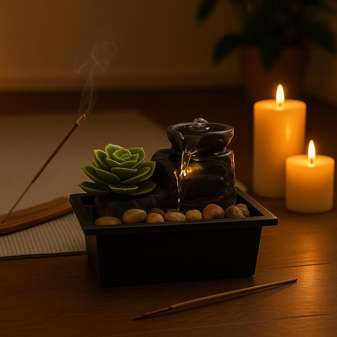 A Tabletop Water Fountain is Placed in a Table.