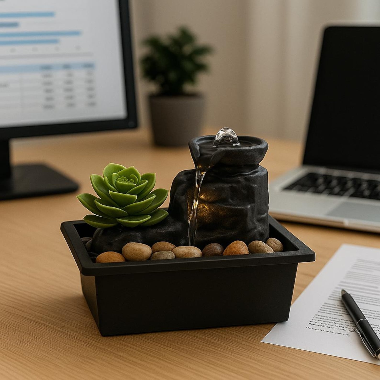 A Tabletop Water Fountain is Placed On a Table.