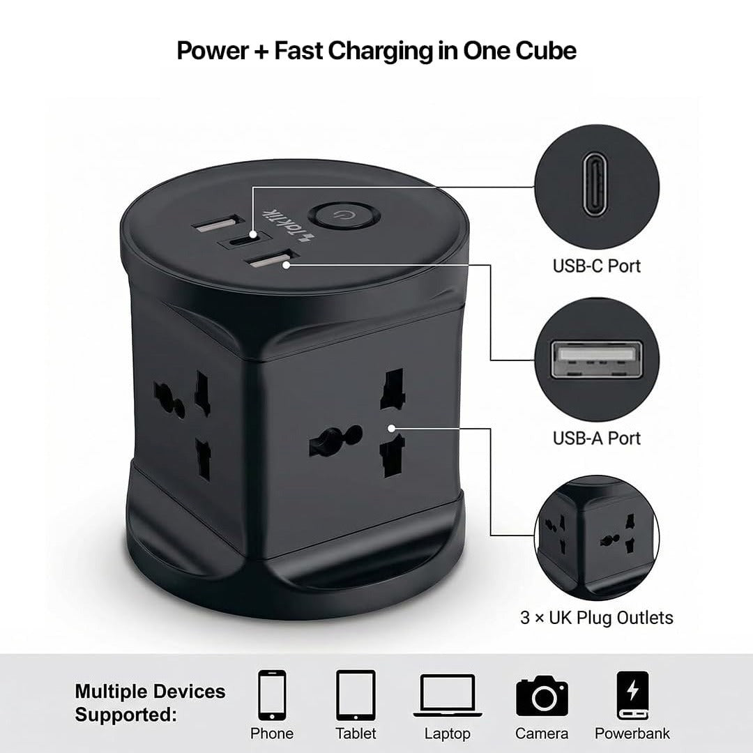 Black TakTik 3-in-1 Power Socket with USB-C and USB-A ports and three UK plug outlets, shown on a white background with callout circles and Arabic text explaining features.