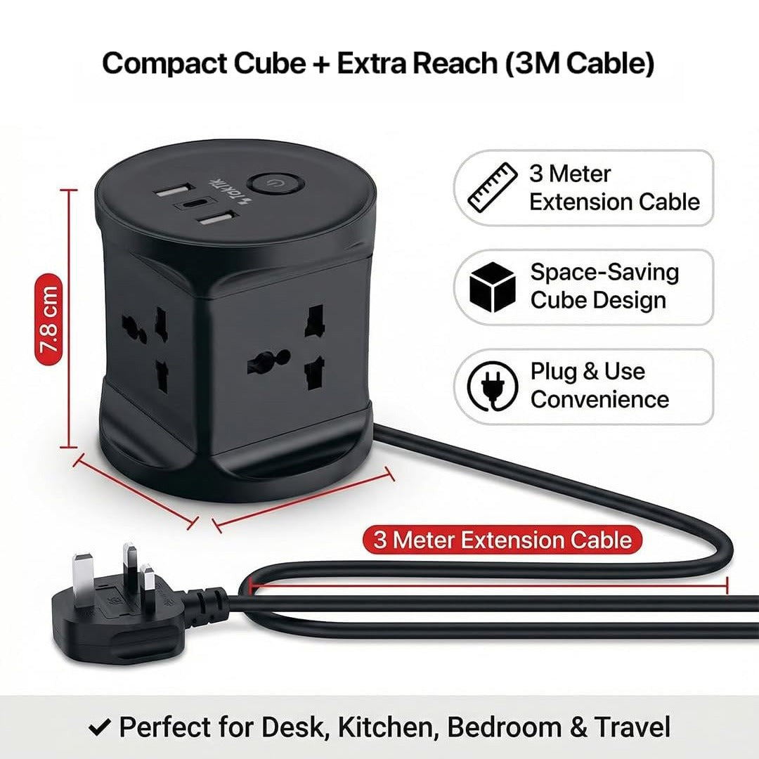Black TakTik 3-in-1 Power Socket with extra reach 3M cable, shown with red dimension lines indicating 7.8cm height and 3 meter extension cable, on a white background with feature callouts.