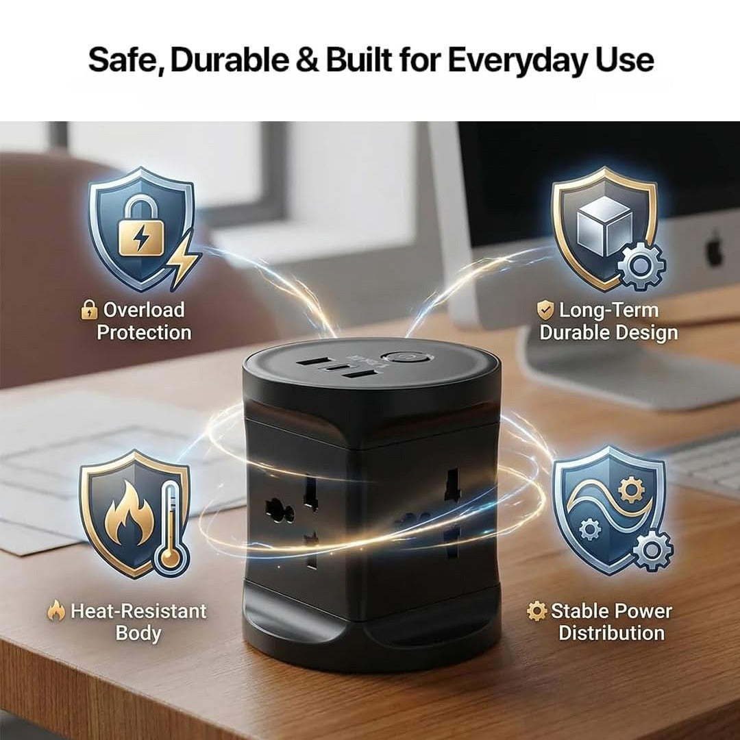 A black TakTik 3-in-1 Power Socket sits on a wooden desk with promotional text and four shield icons highlighting features like overload protection, long-term durable design, heat-resistant body, and stable power distribution.