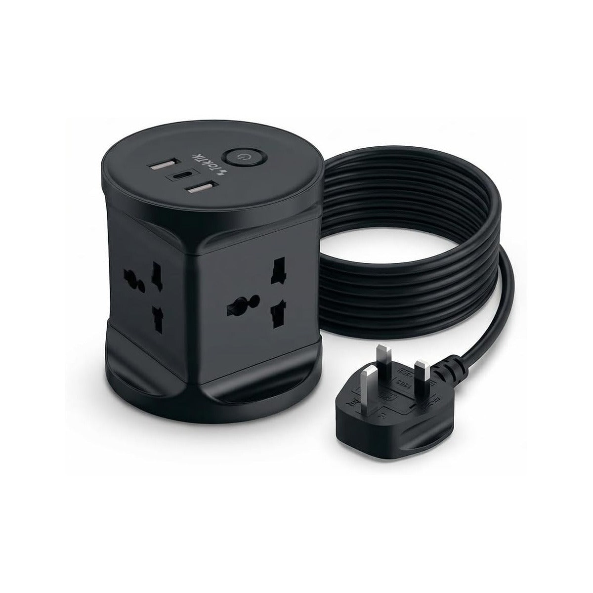 Black TakTik 3-in-1 Power Socket with multiple international outlets, a built-in power button, and a coiled black power cord with a UK two-pin plug on a white background.