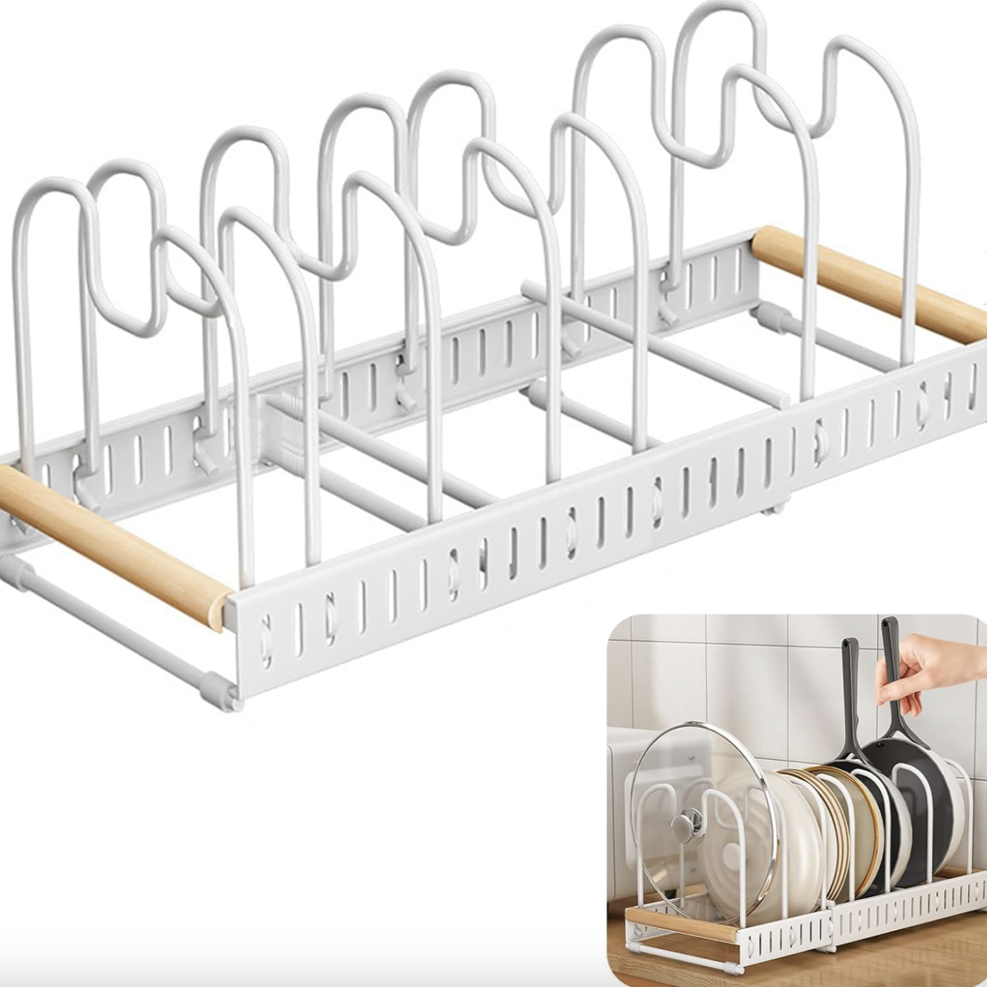 A Person is Taking Pan From Expandable Pot and Pan Organizer Rack Organized with Pans and Plates.