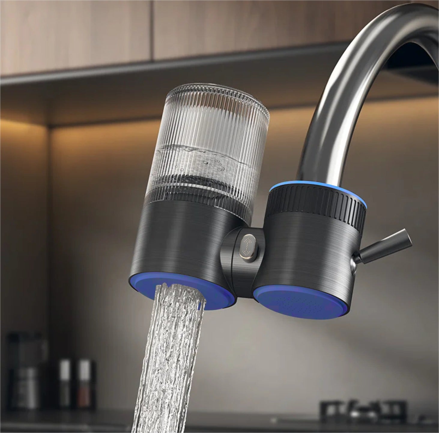 A Tap Water Purifier with Natural Filter is Connected to Kitchen Faucet.