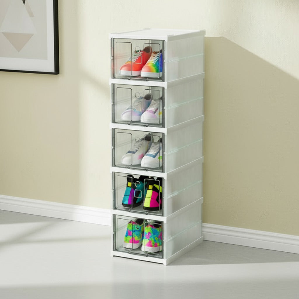 A Telescopic Folding Shoe Rack is Organized with Shoes.