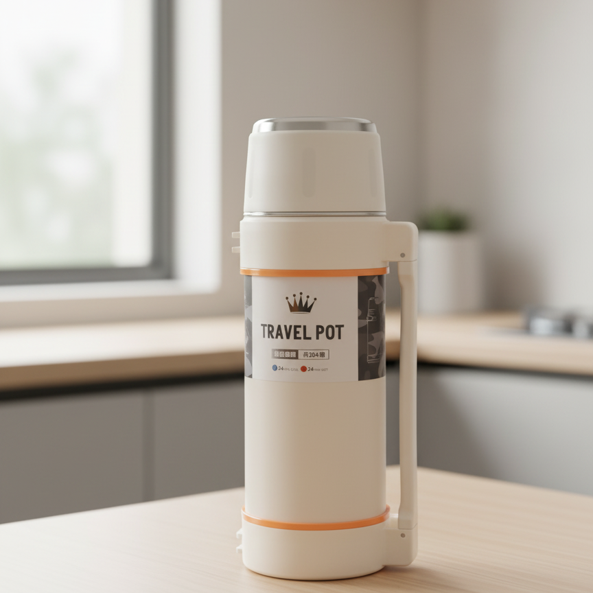 A Thermal Insulated Travel Flaskis Kept on a Table.