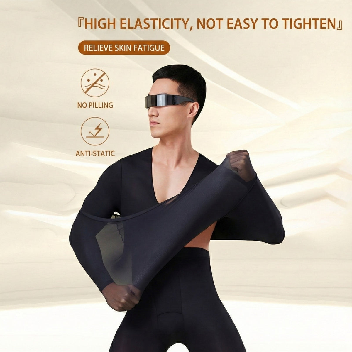 A Person is Wearing Men's Thermal Underwear Top & Bottom Set.
