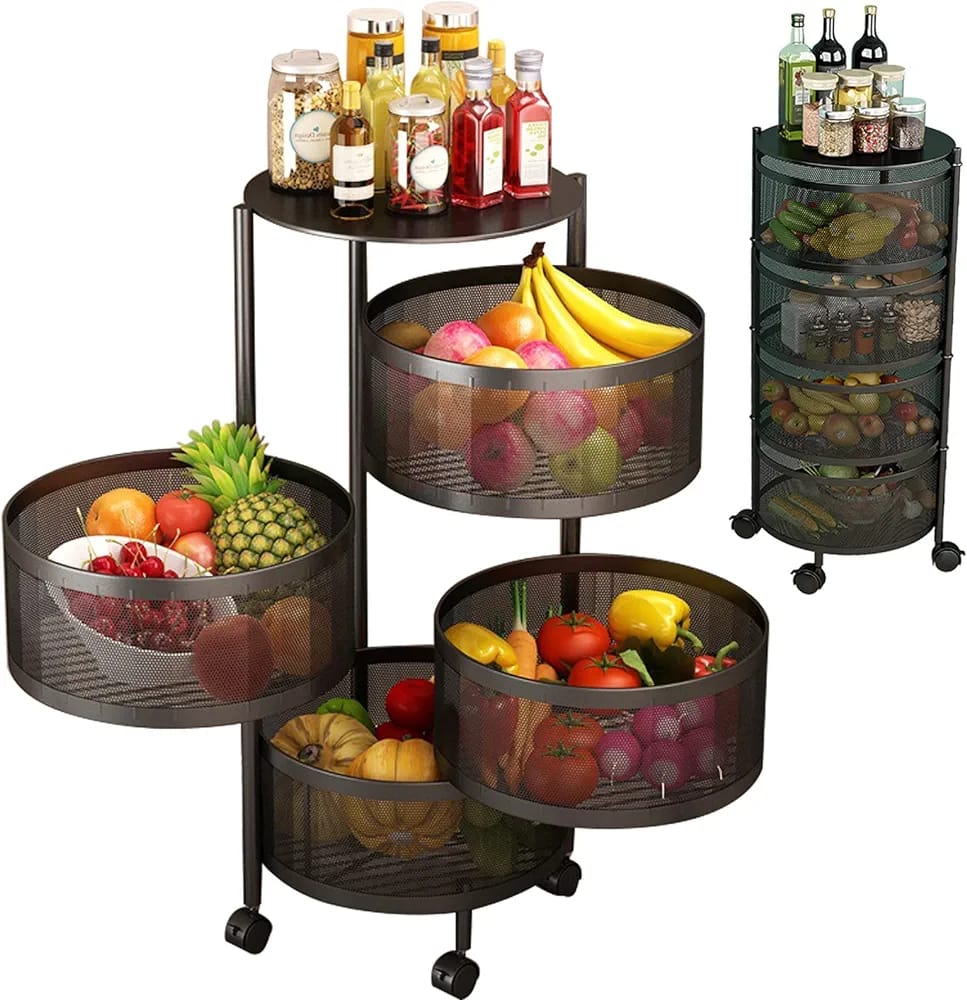 Multi- Layer Kitchen Storage Rotatable Rack, Round Basket Shelf Rack, Kitchen Fruit Vegetable Storage Organizer Cart with Wheels Multi- Layer Kitchen Storage Rotatable Rack, Round Basket Shelf Rack, Kitchen Fruit Vegetable Storage Organizer Cart with Wheels
