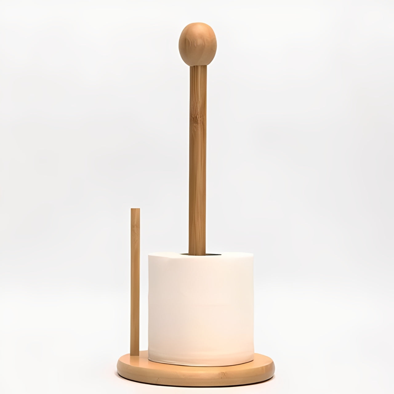 A wooden paper towel holder with a sleek, featuring a vertical rod and side stopper on a round base.