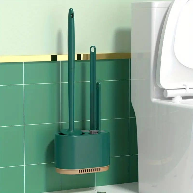 Toilet Brush and Holder Set is Hanged on the Wall Of Toilet.