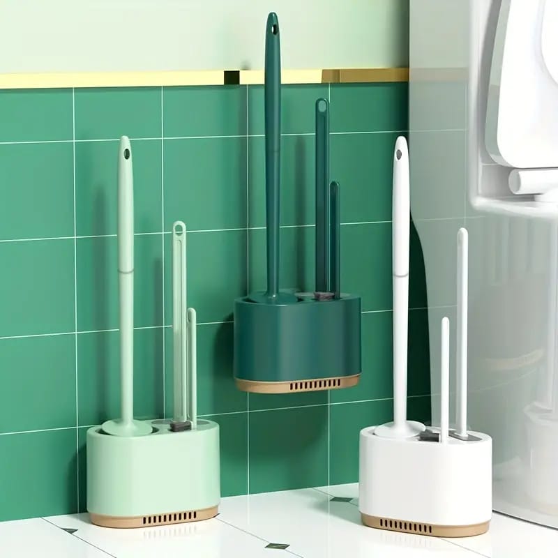 Toilet Brush and Holder Set In 3 Variants Are Placed On the Wall and Floor Of Toilet.