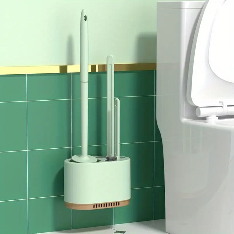 Toilet Brush and Holder Set is Hanged on the Wall Of Toilet.