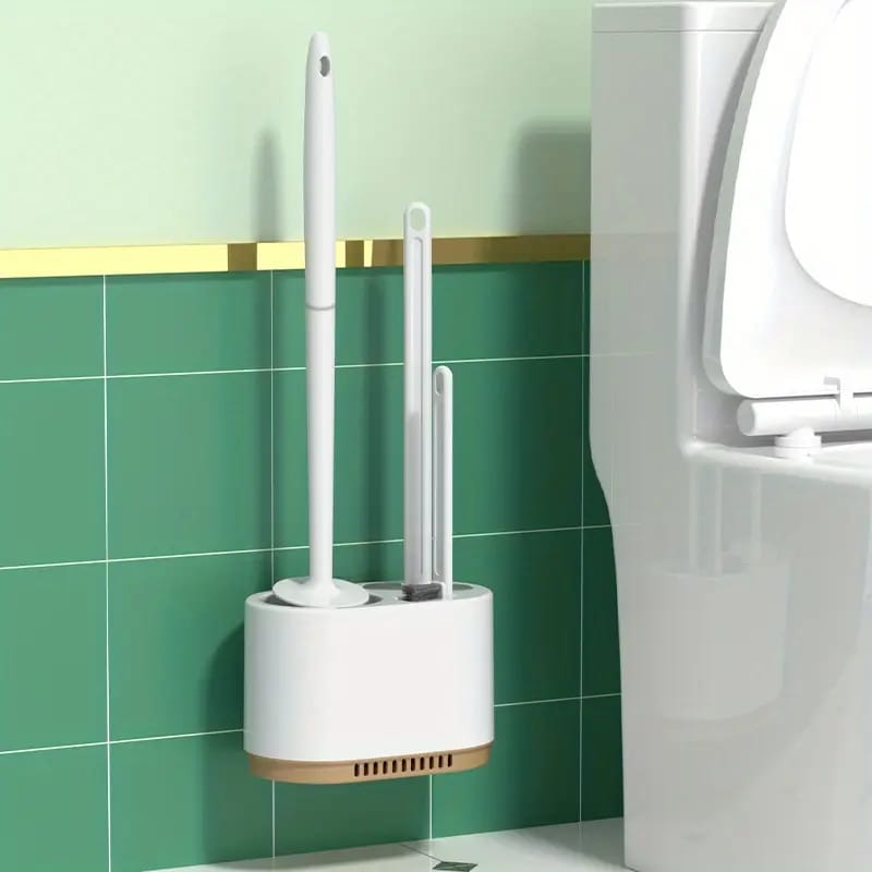 Toilet Brush and Holder Set is Hanged on the Wall Of Toilet.