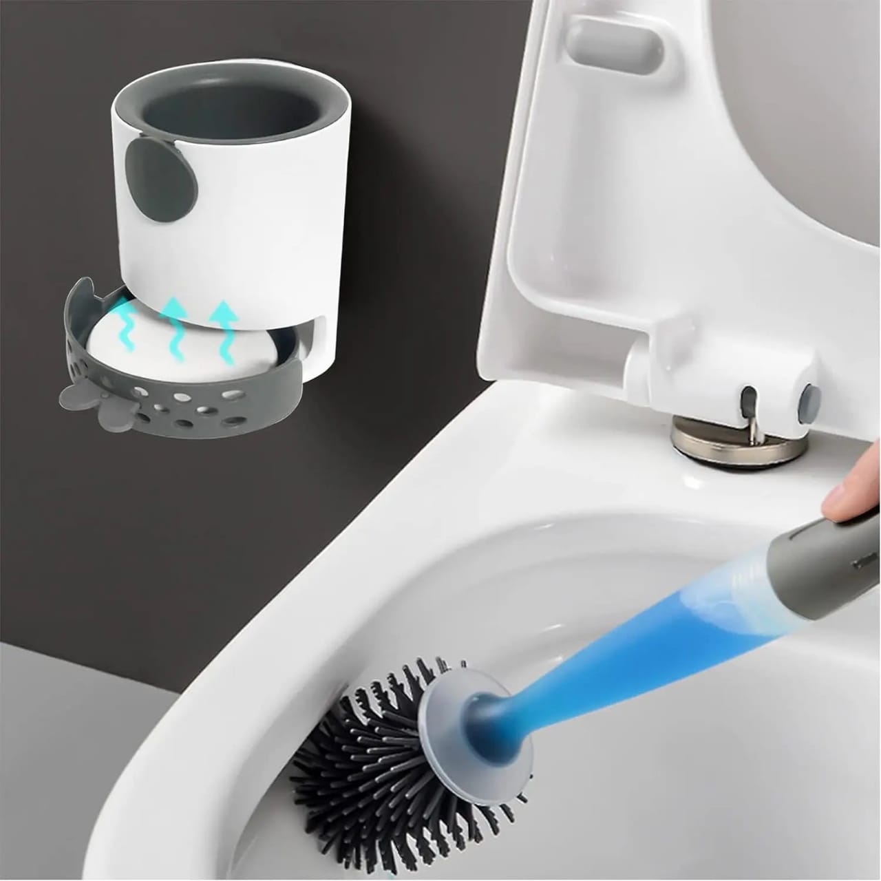 A Person is Cleaning Toilet Using Refillable Toilet Cleaning Brush.