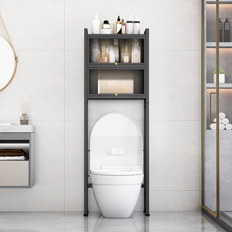 Toilet Storage Cabinet in Black Color Placed Over Toilet.