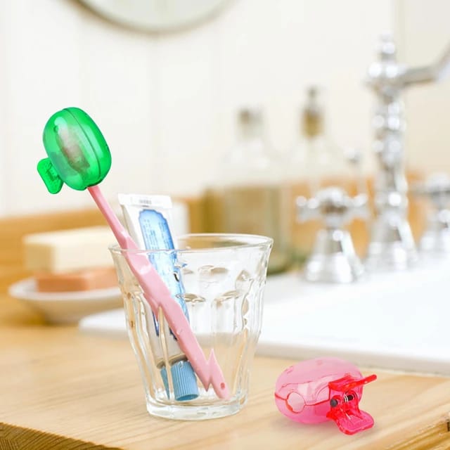 A Toothbrush is Covered With Toothbrush Head Cover Cap and Placed in a Toothbrush Holder.