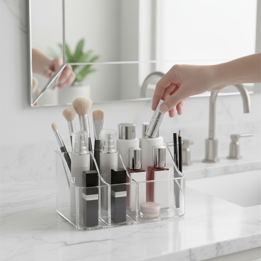 A Person is Picking From Transparent Makeup Storage Organizer Box.
