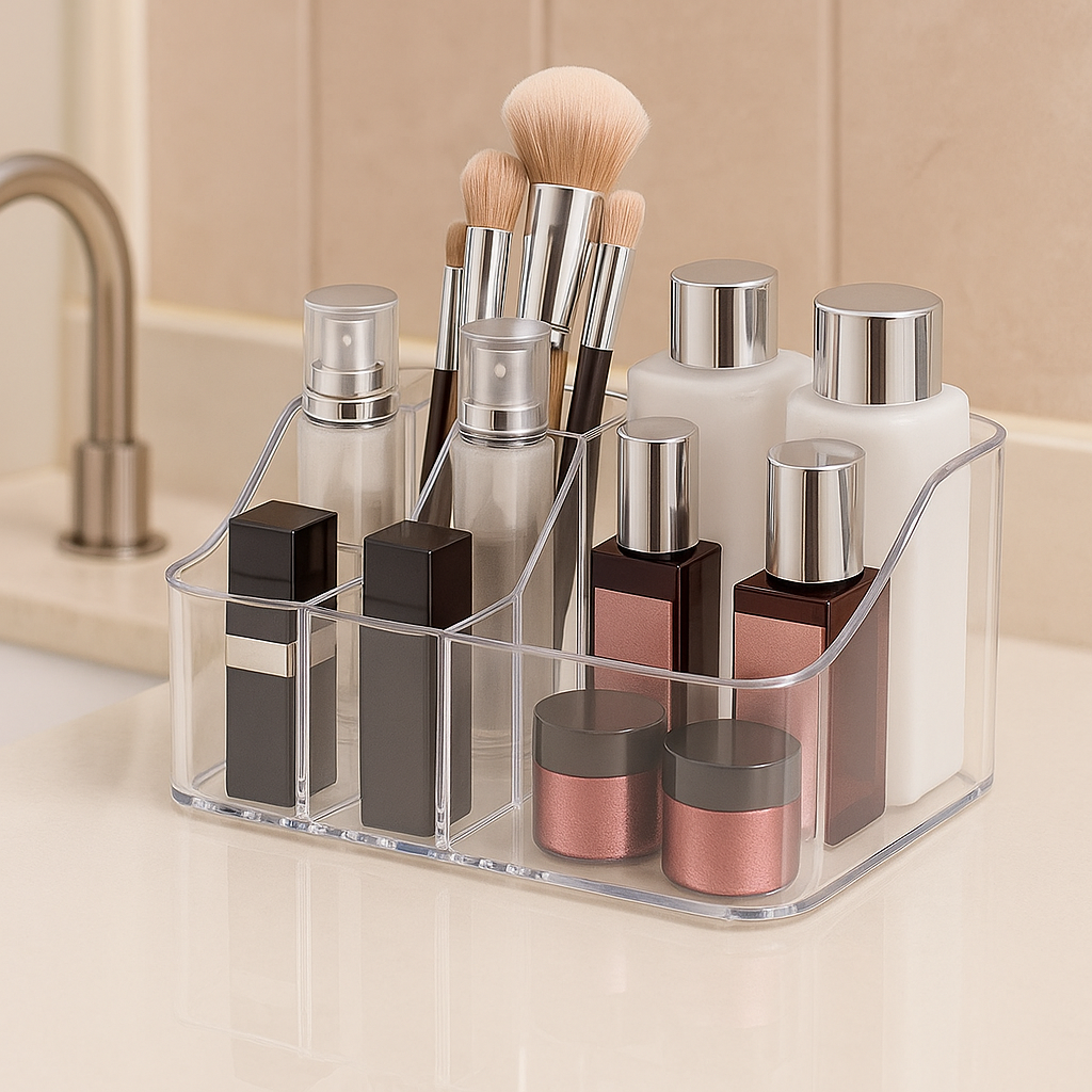Makeup Products are Arranged in a Transparent Makeup Storage Organizer Box.